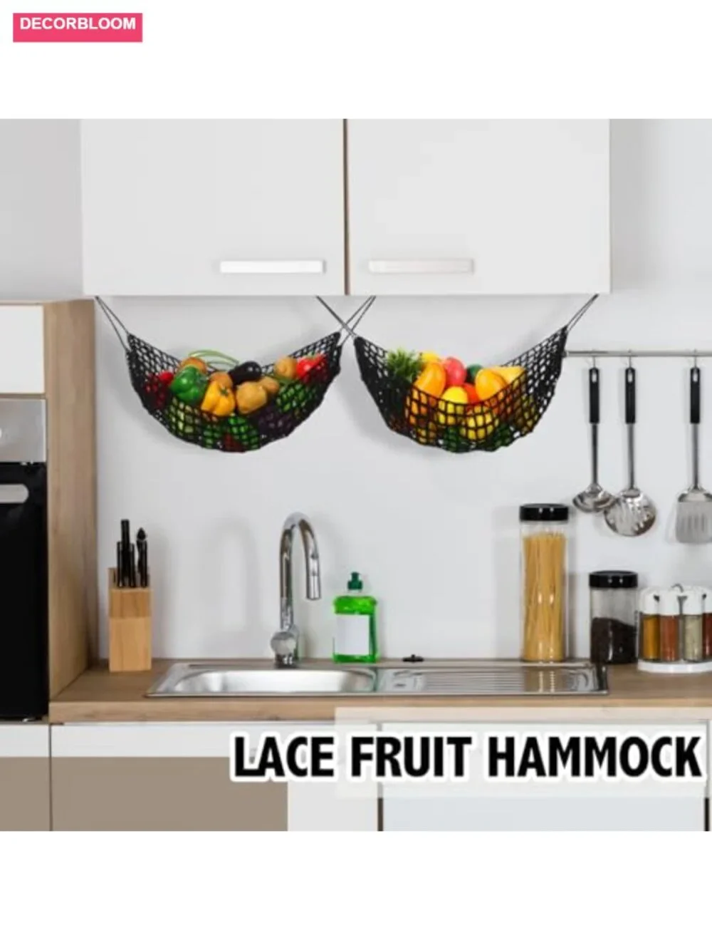 2 Pcs Large Macrame Fruit Hammock Under Cabinet Hanging Basket Handwoven